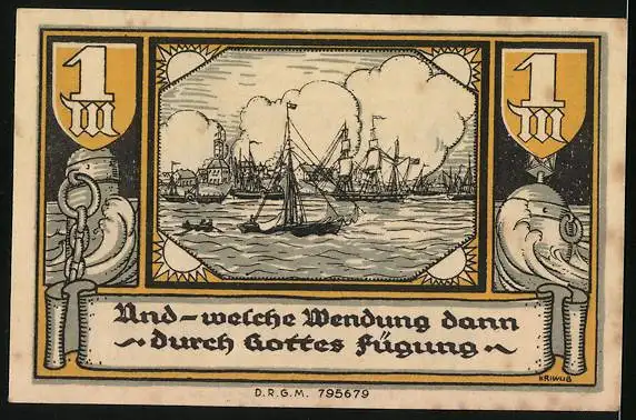 Notgeld Brake (Oldenburg), 1 Mark, Hafenansicht und Wappen