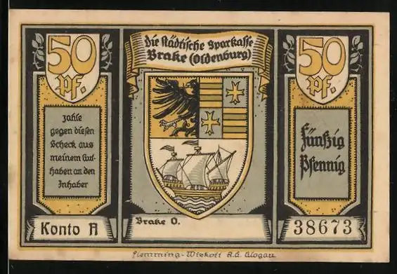 Notgeld Brake (Oldenburg), 50 Pfennig, Dampfer in der Werft, Wappen