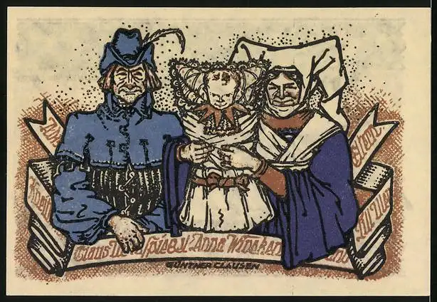 Notgeld Kneitlingen 1921, 50 Pfennig, Claus Ulnspiegel und Anna Witcken mit dem kleinen Till Eulenspiegel
