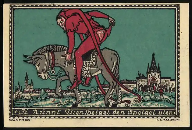 Notgeld Kneitlingen 1921, 1 Mark, Till Eulenspiegel reitet auf einem Esel und entblösst sein Hinterteil