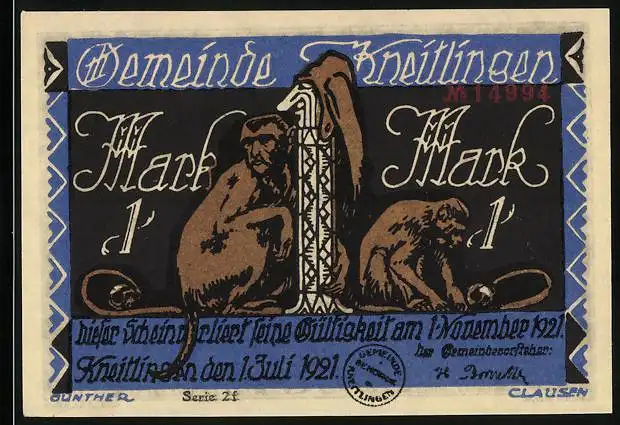 Notgeld Kneitlingen 1921, 1 Mark, Wie Eulenspiegel im Grabe zum Stehen kam