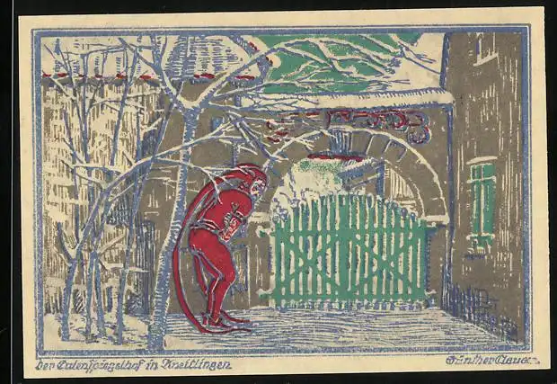 Notgeld Kneitlingen 1921, 50 Pfennig, Eulenspiegelhof, Affe und Eule mit Spiegel