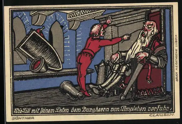 Notgeld Kneitlingen 1921, 50 Pfennig, Wie Till Eulenspiegel mit seinem Paten dem Burgherrn von Ampleben verfuhr