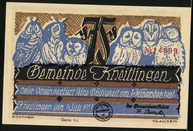 Notgeld Kneitlingen 1921, 75 Pfennig, Till Eulenspiegel balanciert mit vielen Schuhen auf einem Seil