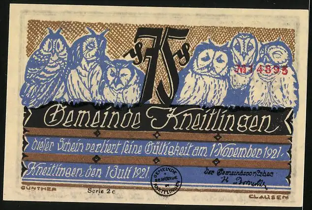 Notgeld Kneitlingen 1921, 75 Pfennig, Eulenspiegel fährt in einem Pferdefuhrwerk, Eulen sitzen auf einem Zaun