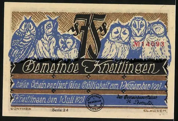 Notgeld Kneitlingen 1921, 75 Pfennig, Eulenspiegel verkauft einen Dachhasen für einen Feldhasen, Eulen auf einem Zaun