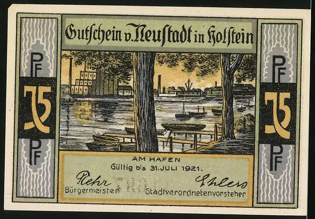 Notgeld Neustadt in Holstein 1921, 75 Pfennig, Männer reiten auf Ziegen, Hafenpartie