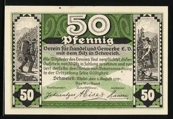 Notgeld Schweich 1921, 50 Pfennig, Arbeiter bei der Weinlese