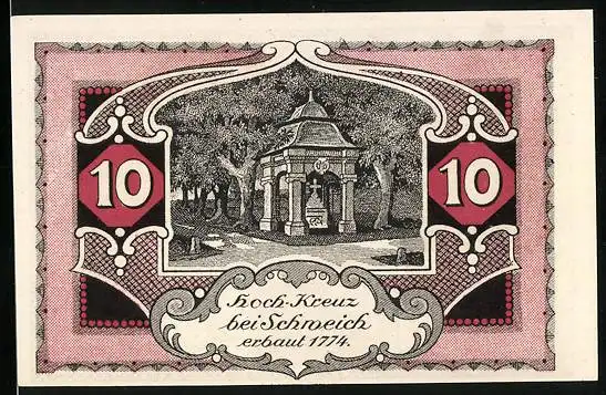 Notgeld Schweich 1921, 10 Pfennig, Hoch-Kreuz erbaut 1774, Schmied bei der Arbeit