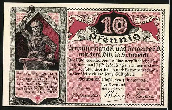 Notgeld Schweich 1921, 10 Pfennig, Hoch-Kreuz erbaut 1774, Schmied bei der Arbeit