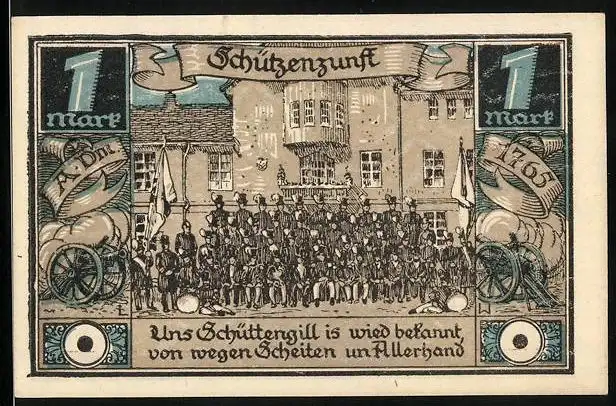 Notgeld Fürstenberg i. Meckl. 1921, 1 Mark, Schützenzunft mit König und Kapitän, Wappen