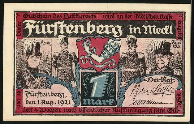 Notgeld Fürstenberg i. Meckl. 1921, 1 Mark, Schützenzunft mit König und Kapitän, Wappen