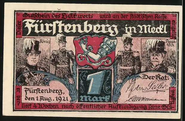 Notgeld Fürstenberg i. Meckl. 1921, 1 Mark, Schützenzunft mit König und Kapitän, Wappen