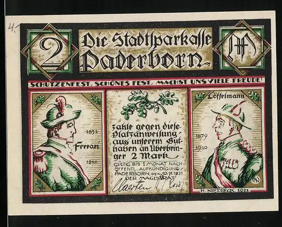 Notgeld Paderborn 1921, 2 Mark, Schützenfest, Auffahrt der Königin, Bildnis Ferrari und Löffelmann