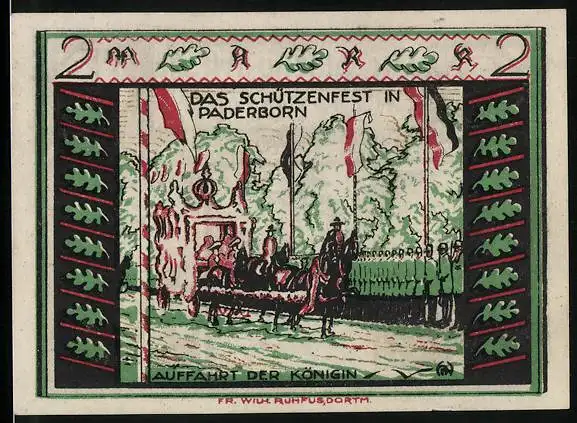 Notgeld Paderborn 1921, 2 Mark, Schützenfest, Auffahrt der Königin, Bildnis Ferrari und Löffelmann