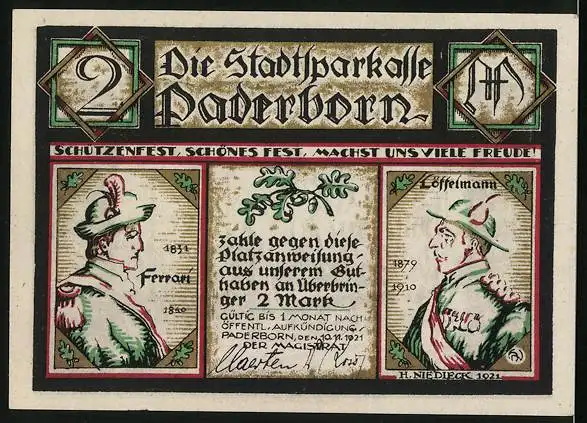 Notgeld Paderborn 1921, 2 Mark, Schützenfest, Auffahrt der Königin, Bildnis Ferrari und Löffelmann