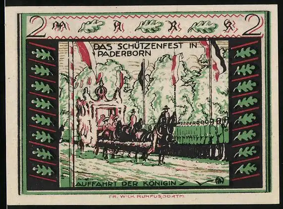 Notgeld Paderborn 1921, 2 Mark, Schützenfest, Auffahrt der Königin, Bildnis Ferrari und Löffelmann