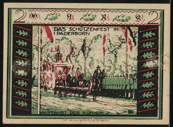 Notgeld Paderborn 1921, 2 Mark, Schützenfest, Auffahrt der Königin, Bildnis Ferrari und Löffelmann