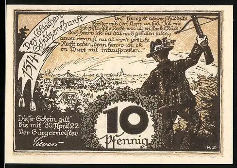 Notgeld Wittenburg 1922, 10 Pfennig, Kirche, Schütze auf dem Weg zum Schützenfest