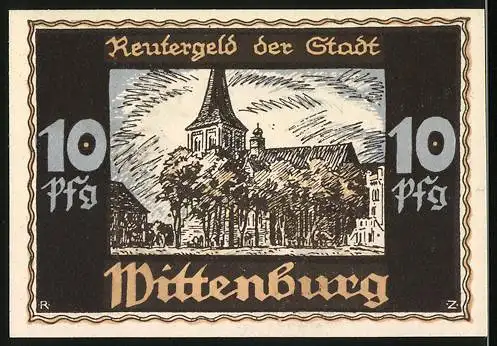 Notgeld Wittenburg 1922, 10 Pfennig, Kirche, Schütze auf dem Weg zum Schützenfest