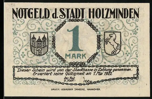 Notgeld Holzminden 1922, 1 Mark, Holzmindener Schützenfest, Zapenstreich, Wappen