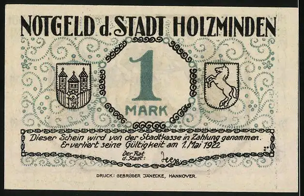 Notgeld Holzminden 1922, 1 Mark, Holzmindener Schützenfest, Zapfenstreich, Wappen