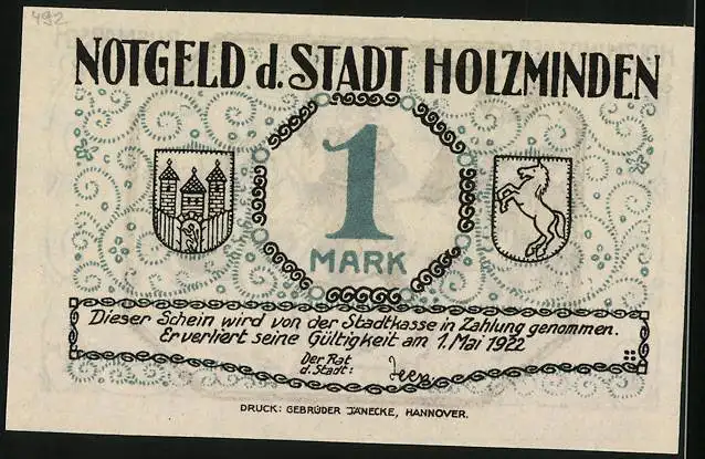 Notgeld Holzminden 1922, 1 Mark, Holzmindener Schützenfest, Ausmarsch, Wappen