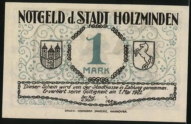 Notgeld Holzminden 1922, 1 Mark, Holzmindener Schützenfest, Ausmarsch, Wappen