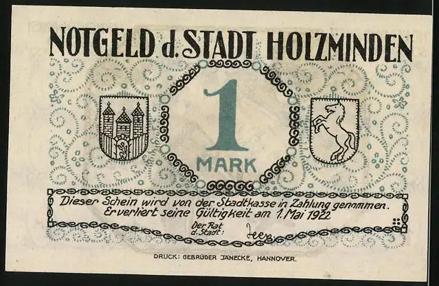 Notgeld Holzminden 1922, 1 Mark, Holzmindener Schützenfest, Fahnenschwenken, Wappen