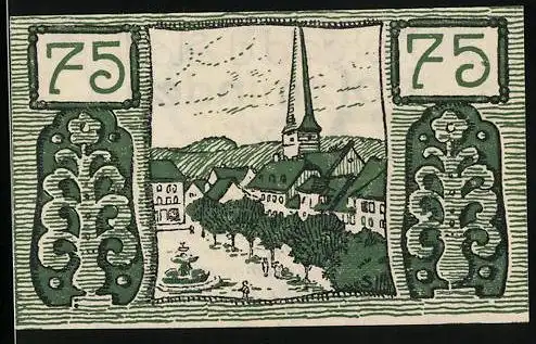 Notgeld Holzminden 1922, 75 Pfennig, Ortsansicht mit Kirche