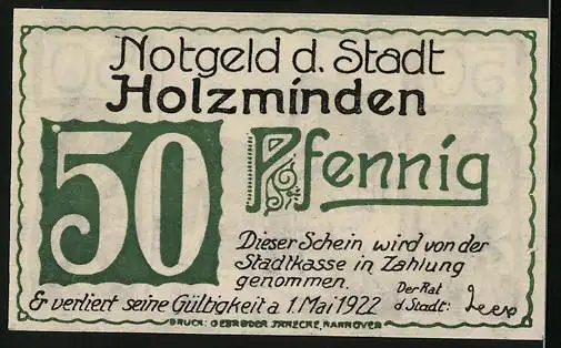 Notgeld Holzminden 1922, 50 Pfennig, Strassenpartie mit Fachwerkhaus