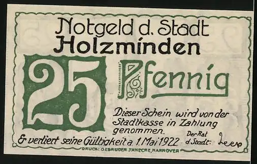 Notgeld Holzminden 1922, 25 Pfennig, Blick zur Kirche