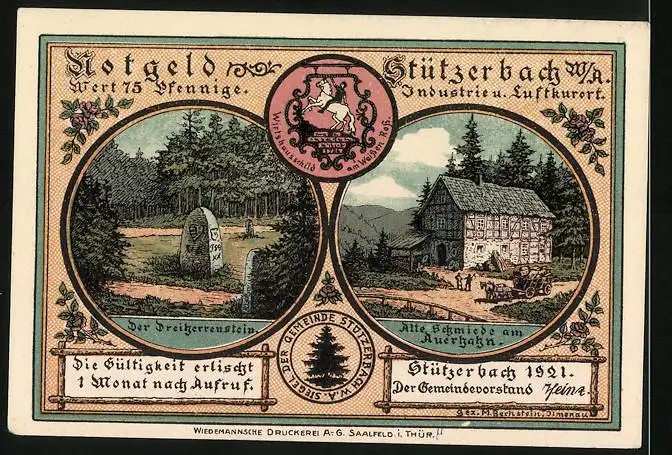 Notgeld Stützerbach 1921, 75 Pfennig, Runkelrüben u. Blasrohr-Vogelschiessen, Alte Schmiede am Auerhahn, Dreiherrenstein