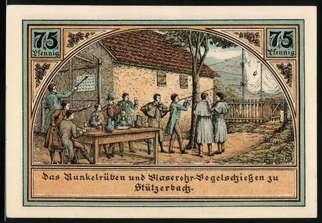 Notgeld Stützerbach 1921, 75 Pfennig, Runkelrüben u. Blasrohr-Vogelschiessen, Alte Schmiede am Auerhahn, Dreiherrenstein
