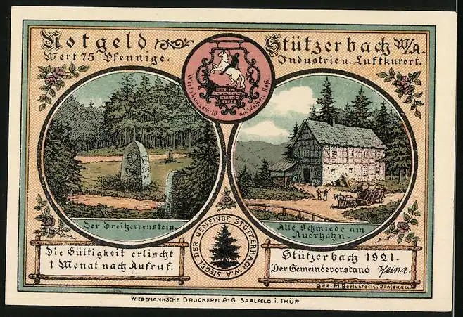 Notgeld Stützerbach 1921, 75 Pfennig, Runkelrüben u. Blasrohr-Vogelschiessen, Alte Schmiede am Auerhahn, Dreiherrenstein