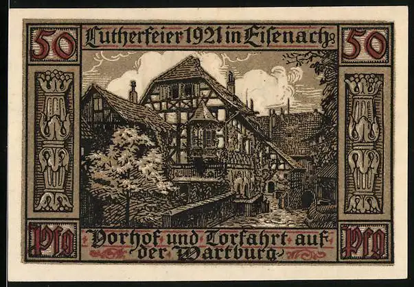 Notgeld Eisenach 1921, 50 Pfennig, Vorhof u. Torfahrt auf der Wartburg, Wartburg und Wappen