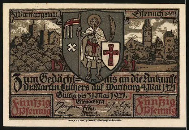 Notgeld Eisenach 1921, 50 Pfennig, Vorhof u. Torfahrt auf der Wartburg, Wartburg und Wappen