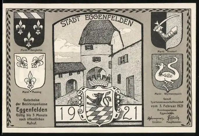 Notgeld Eggenfelden 1921, 50 Pfennig, Sankt Christof trägt das Jesuskind, Ortspartie und Wappen