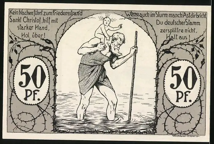 Notgeld Eggenfelden 1921, 50 Pfennig, Sankt Christof trägt das Jesuskind, Ortspartie und Wappen