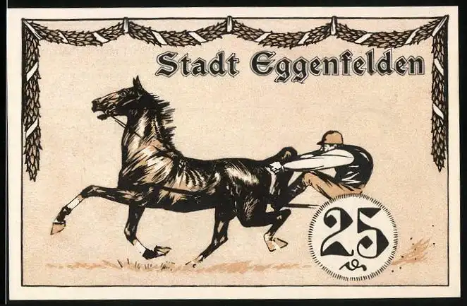 Notgeld Eggenfelden, 25 Pfennig, Bauer mit Ochsenpflug und Hockey mit Rennpferd