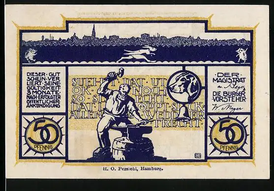 Notgeld Buxtehude, 50 Pfennig, Panorama, Kirche und Schmied bei der Arbeit, Wappen