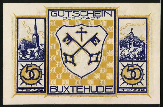 Notgeld Buxtehude, 50 Pfennig, Panorama, Kirche und Schmied bei der Arbeit, Wappen