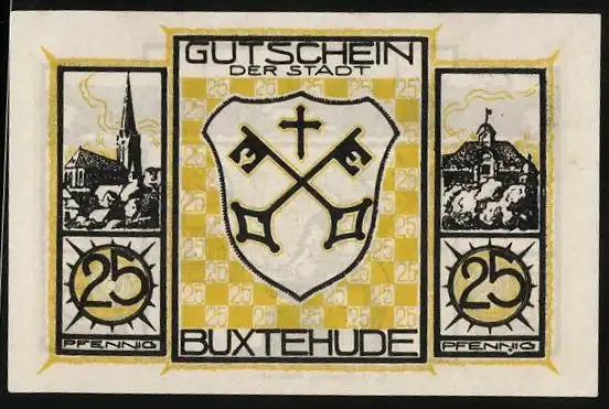 Notgeld Buxtehude, 25 Pfennig, Panorama, Kirche und Schmied bei der Arbeit, Wappen