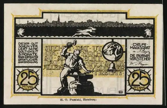 Notgeld Buxtehude, 25 Pfennig, Panorama, Kirche und Schmied bei der Arbeit, Wappen