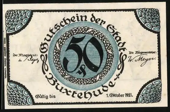 Notgeld Buxtehude 1921, 50 Pfennig, Schmied bei der Arbeit, im Hintergrund Stadtansicht und Wappen
