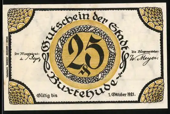 Notgeld Buxtehude 1921, 25 Pfennig, Schmied bei der Arbeit, im Hintergrund Stadtansicht und Wappen