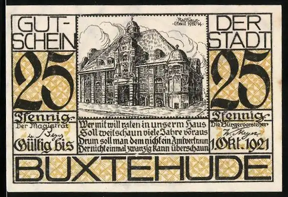 Notgeld Buxtehude 1921, 25 Pfennig, Rathaus, Bildnis Magister Halepaghen