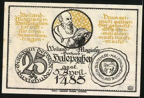 Notgeld Buxtehude 1921, 25 Pfennig, Rathaus, Bildnis Magister Halepaghen