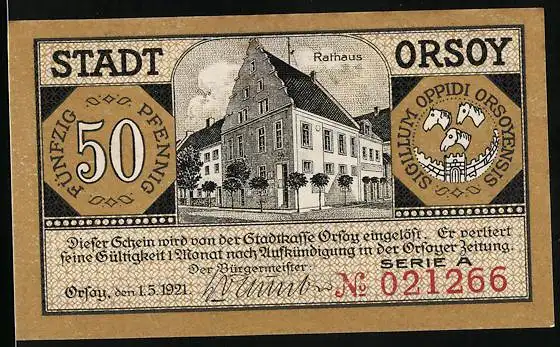 Notgeld Orsoy 1921, 50 Pfennig, Rathaus, Panorama mit Kirche, Dampfer auf dem Rhein