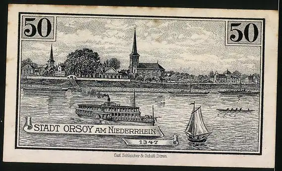 Notgeld Orsoy 1921, 50 Pfennig, Rathaus, Panorama mit Kirche, Dampfer auf dem Rhein